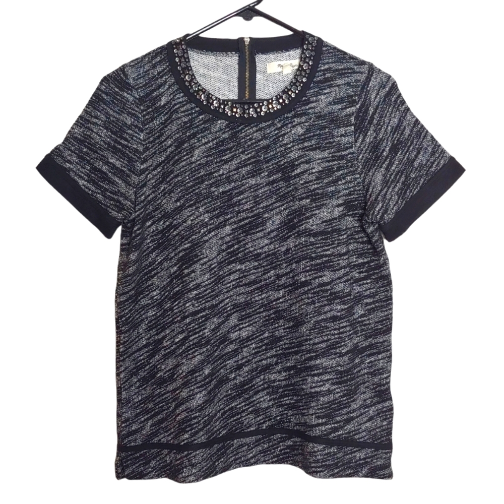 Madewell Heathered Gray Black Short Sleeve Rhinestone Bling Knit Top Size Medium